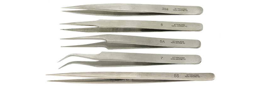 Value Tec set of 5 general purpose tweezers includes style 3 5 5A 7 and SS slim long non magnetic stainless steel